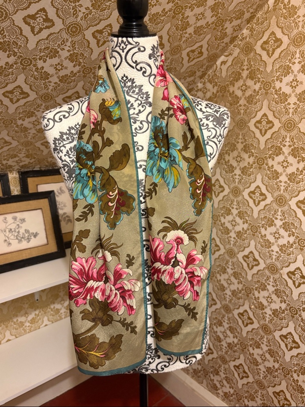 Oscar de la Renta Silk Scarf with Pink & Teal Blooms